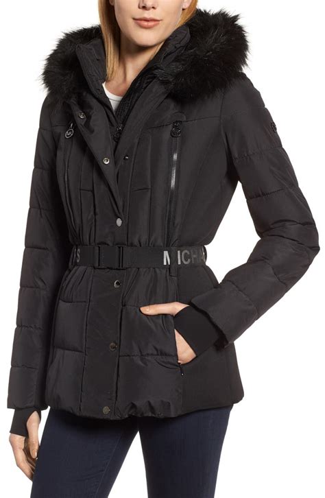 michael kors active belted hooded faux-fur-trim puffer coat|michael kors faux fur coat.